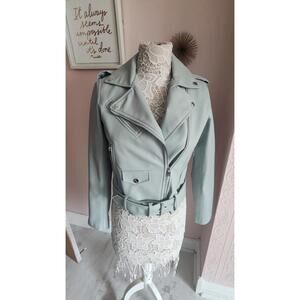 NWOT ZARA Faux Leather moto jacket coat Small lined adorable baby blue cropped